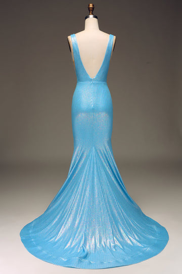 Glitter Blue Mermaid V-Neck Long Ball Dress
